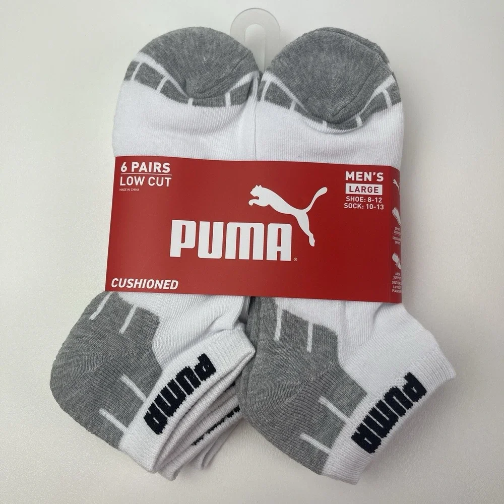 PUMA Mens 6 Pairs Pack‎ Socks Low Cut Cushioned Size 10-13 Shoe 8-12 White Grey